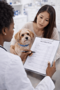 Veterinarian explaining treatment plan to dog owner