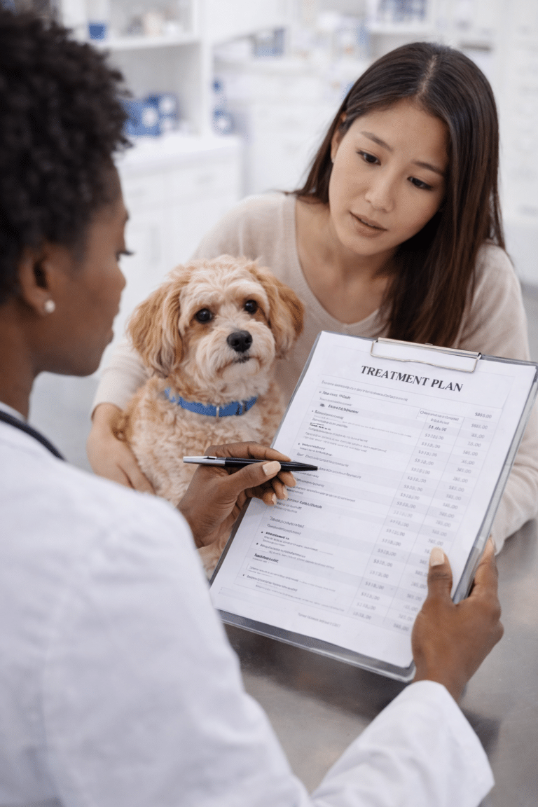 Veterinarian explaining treatment plan to dog owner