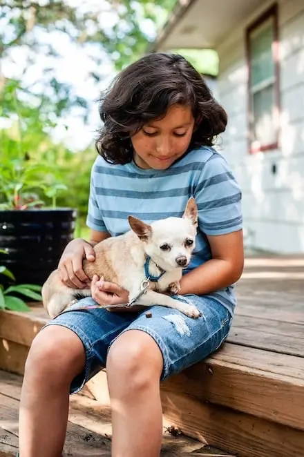 Boy-holding-small-dog-outside